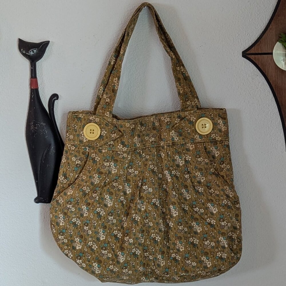 Corduroy Green w Blue Brown & Cream Flowers Purse Pant Like Pockets Big Buttons